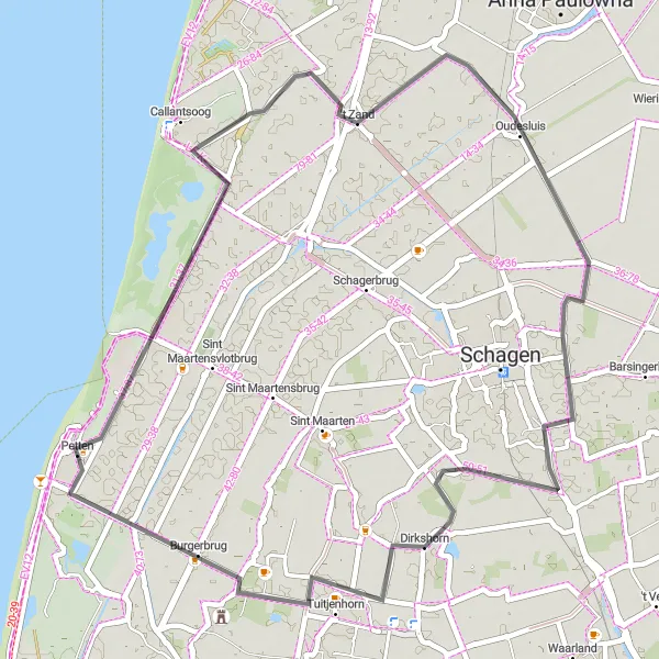 Map miniature of "Cycling Route around 't Zand" cycling inspiration in Noord-Holland, Netherlands. Generated by Tarmacs.app cycling route planner