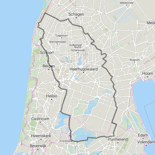 Miniatuurkaart van de fietsinspiratie "Avontuurlijke route van 103 km door Noord-Holland" in Noord-Holland, Netherlands. Gemaakt door de Tarmacs.app fietsrouteplanner