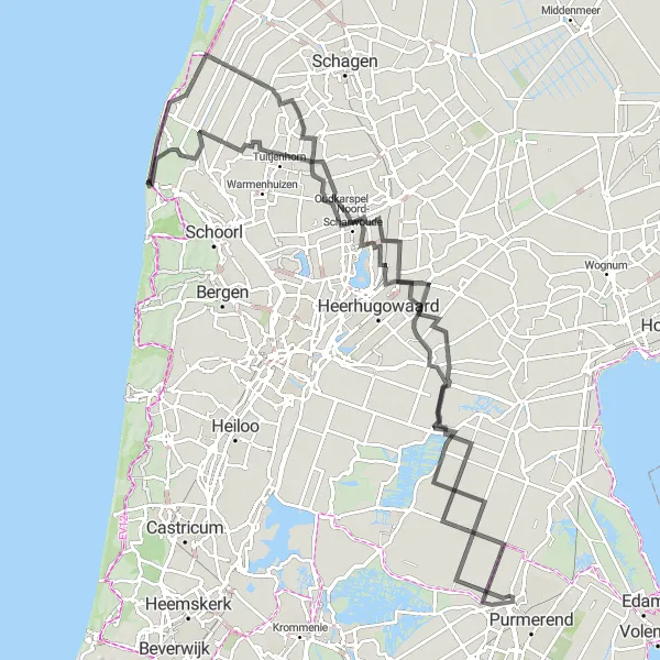 Miniatuurkaart van de fietsinspiratie "Uitdagende wegfietsroute door Noord-Holland" in Noord-Holland, Netherlands. Gemaakt door de Tarmacs.app fietsrouteplanner