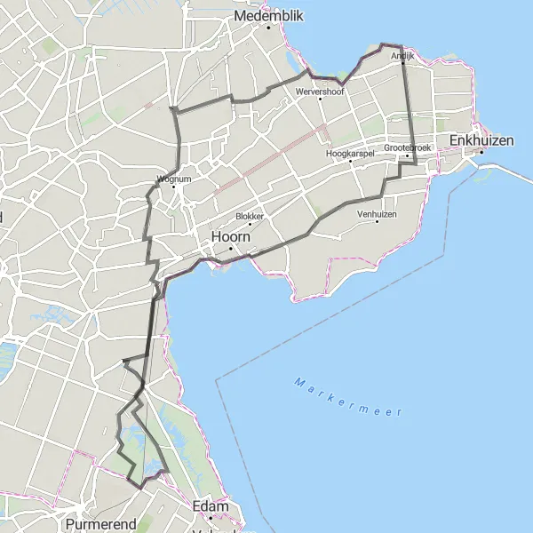 Map miniature of "Charming Hamlets and Rural Landscapes" cycling inspiration in Noord-Holland, Netherlands. Generated by Tarmacs.app cycling route planner