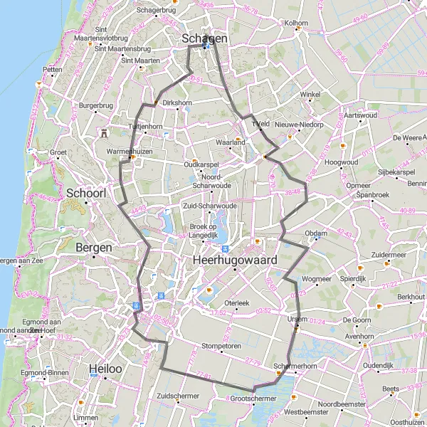 Map miniature of "North Holland Scenic Route" cycling inspiration in Noord-Holland, Netherlands. Generated by Tarmacs.app cycling route planner