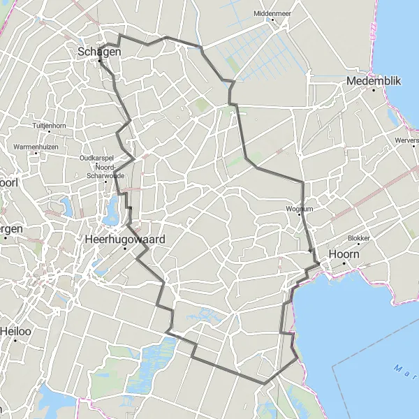 Miniatuurkaart van de fietsinspiratie "Rondje langs historische dorpen en waterrijke gebieden" in Noord-Holland, Netherlands. Gemaakt door de Tarmacs.app fietsrouteplanner