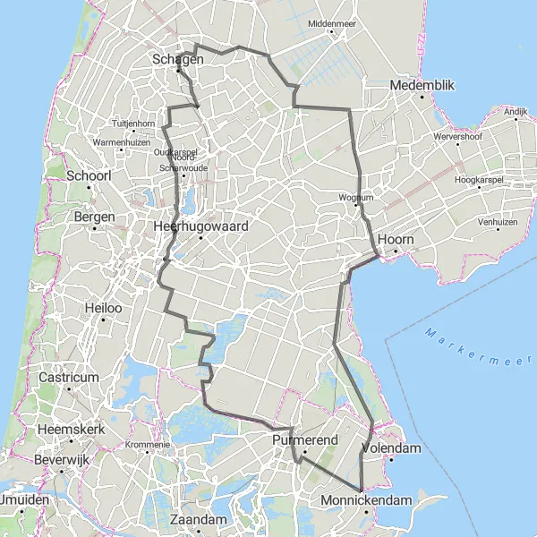 Map miniature of "Schagen to De Rijp Epic Road Ride" cycling inspiration in Noord-Holland, Netherlands. Generated by Tarmacs.app cycling route planner