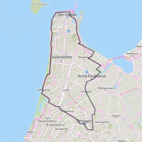 Map miniature of "Coastal Cruise" cycling inspiration in Noord-Holland, Netherlands. Generated by Tarmacs.app cycling route planner