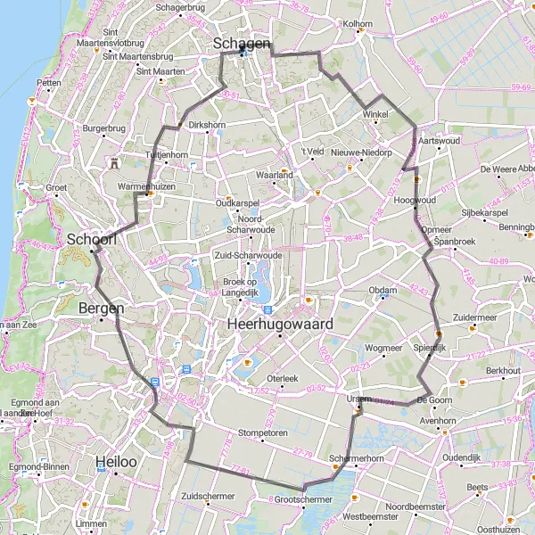 Map miniature of "Schagen to Barsingerhorn Loop" cycling inspiration in Noord-Holland, Netherlands. Generated by Tarmacs.app cycling route planner