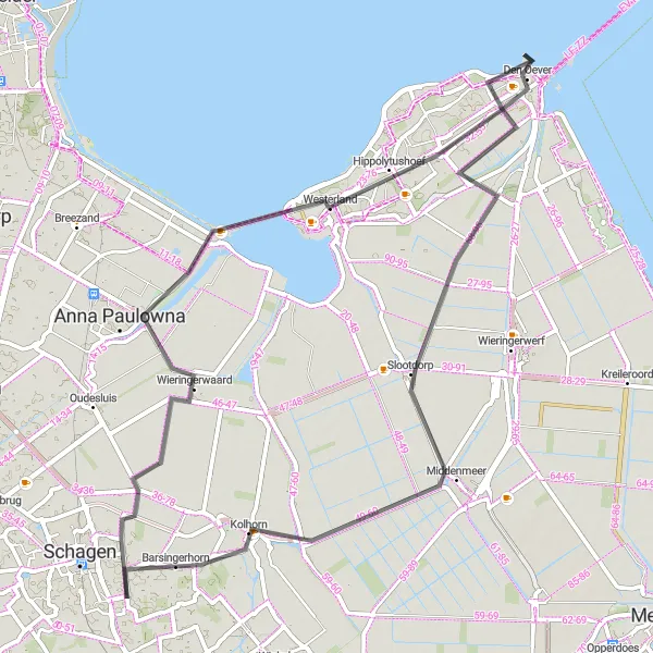 Miniatuurkaart van de fietsinspiratie "Langs de kust naar Den Oever" in Noord-Holland, Netherlands. Gemaakt door de Tarmacs.app fietsrouteplanner