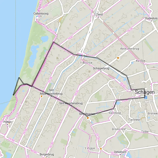 Map miniature of "Schagen to Sint Maartenszee Coastal Ride" cycling inspiration in Noord-Holland, Netherlands. Generated by Tarmacs.app cycling route planner