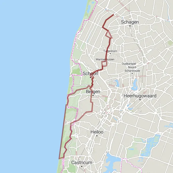 Miniatuurkaart van de fietsinspiratie "Gravelroute naar Bergen aan Zee en Egmond aan den Hoef" in Noord-Holland, Netherlands. Gemaakt door de Tarmacs.app fietsrouteplanner