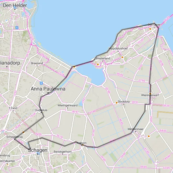 Map miniature of "Coastal Delights" cycling inspiration in Noord-Holland, Netherlands. Generated by Tarmacs.app cycling route planner