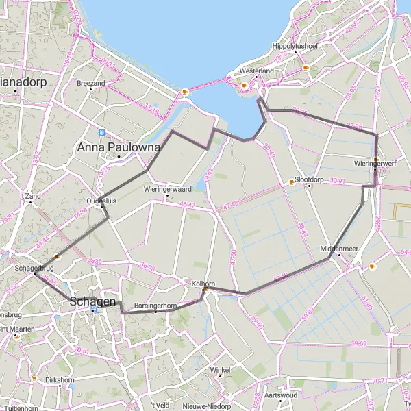 Map miniature of "Discover Coastal Charm and Countryside" cycling inspiration in Noord-Holland, Netherlands. Generated by Tarmacs.app cycling route planner