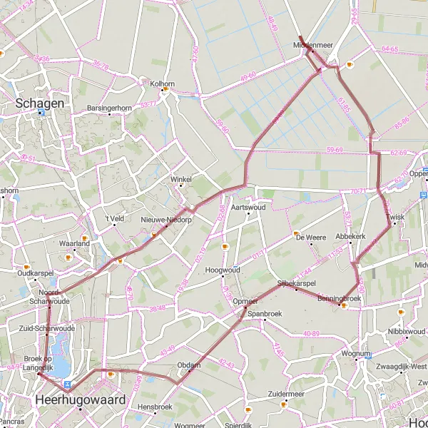 Map miniature of "Gravel Bike Route through Zuid-Scharwoude and Heerhugowaard" cycling inspiration in Noord-Holland, Netherlands. Generated by Tarmacs.app cycling route planner