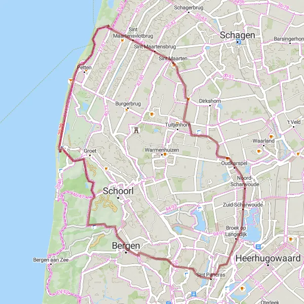 Map miniature of "Gravel Bike Route via Bergen and Sint Maartensbrug" cycling inspiration in Noord-Holland, Netherlands. Generated by Tarmacs.app cycling route planner