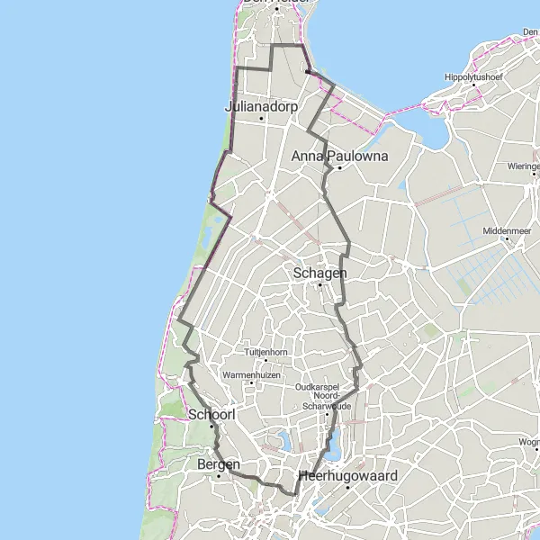 Map miniature of "Road Bike Route around Sint Pancras" cycling inspiration in Noord-Holland, Netherlands. Generated by Tarmacs.app cycling route planner