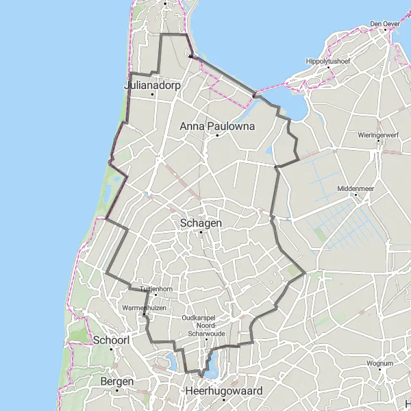 Miniatuurkaart van de fietsinspiratie "Kust en Natuurpracht" in Noord-Holland, Netherlands. Gemaakt door de Tarmacs.app fietsrouteplanner