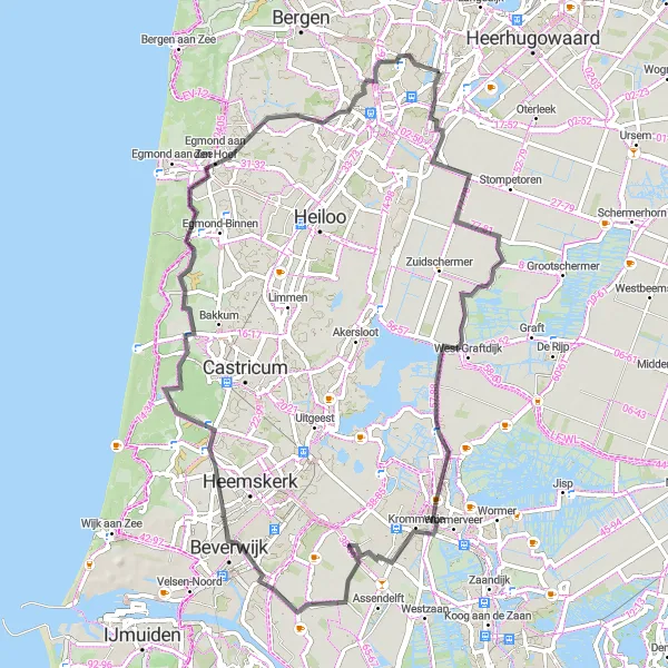 Miniatuurkaart van de fietsinspiratie "Rondje Driehuizen en Beverwijk" in Noord-Holland, Netherlands. Gemaakt door de Tarmacs.app fietsrouteplanner