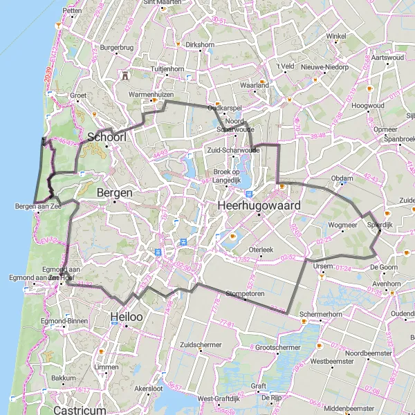 Miniatuurkaart van de fietsinspiratie "Avontuurlijke route naar Adventure Hill en Klimduin" in Noord-Holland, Netherlands. Gemaakt door de Tarmacs.app fietsrouteplanner