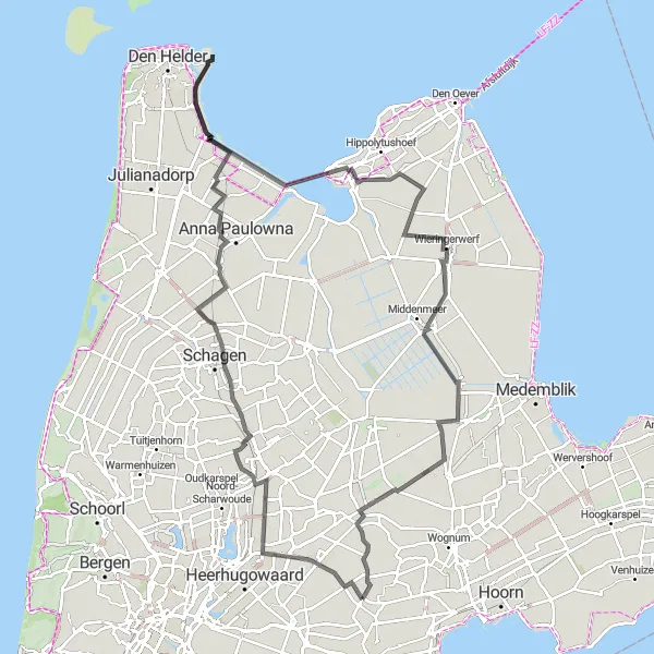 Miniatuurkaart van de fietsinspiratie "Oudesluis naar Wieringerwerf Route" in Noord-Holland, Netherlands. Gemaakt door de Tarmacs.app fietsrouteplanner