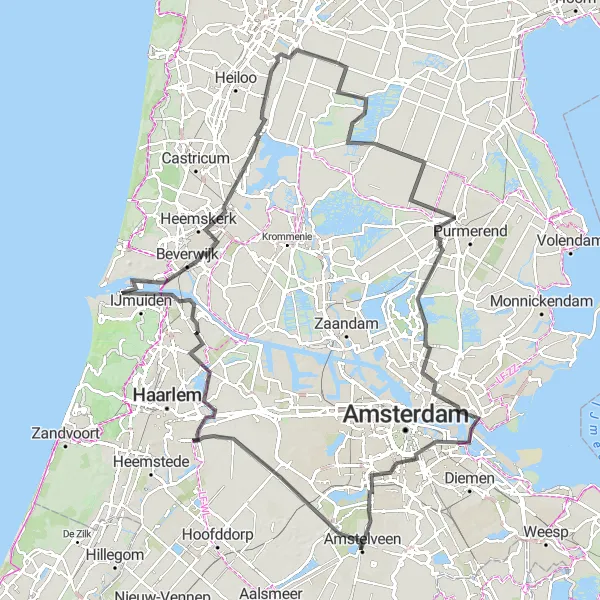 Map miniature of "Amsterdam and the North" cycling inspiration in Noord-Holland, Netherlands. Generated by Tarmacs.app cycling route planner