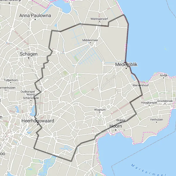 Map miniature of "Through the Polders" cycling inspiration in Noord-Holland, Netherlands. Generated by Tarmacs.app cycling route planner