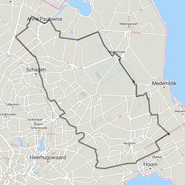 Miniatuurkaart van de fietsinspiratie "Historische dorpen en landelijke landschappen route" in Noord-Holland, Netherlands. Gemaakt door de Tarmacs.app fietsrouteplanner