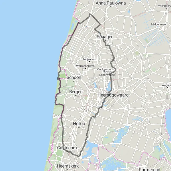 Miniatuurkaart van de fietsinspiratie "Pittige heuvels en pittoreske dorpen route" in Noord-Holland, Netherlands. Gemaakt door de Tarmacs.app fietsrouteplanner
