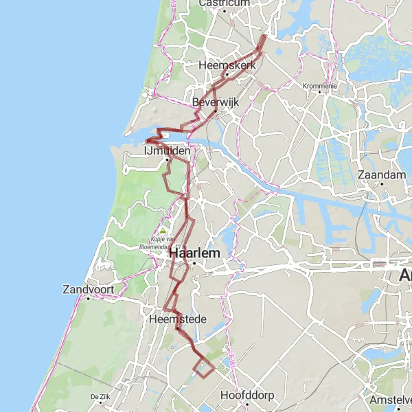 Map miniature of "Coastal Gravel Adventure" cycling inspiration in Noord-Holland, Netherlands. Generated by Tarmacs.app cycling route planner