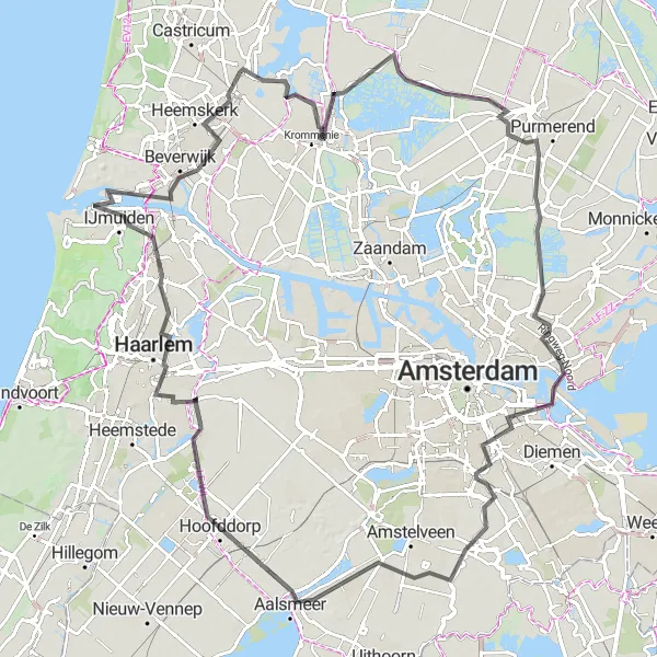 Miniatuurkaart van de fietsinspiratie "Historische Noord-Holland Fietstocht" in Noord-Holland, Netherlands. Gemaakt door de Tarmacs.app fietsrouteplanner