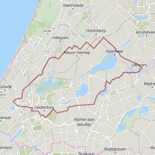 Miniatuurkaart van de fietsinspiratie "Ontdek de Vrouwekerk, Sassenheim en terug naar Uithoorn" in Noord-Holland, Netherlands. Gemaakt door de Tarmacs.app fietsrouteplanner