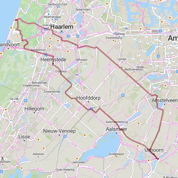 Map miniature of "Uithoorn to Heemstede Gravel Ride" cycling inspiration in Noord-Holland, Netherlands. Generated by Tarmacs.app cycling route planner