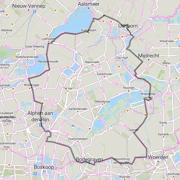 Map miniature of "Uithoorn to Woubrugge Ride" cycling inspiration in Noord-Holland, Netherlands. Generated by Tarmacs.app cycling route planner