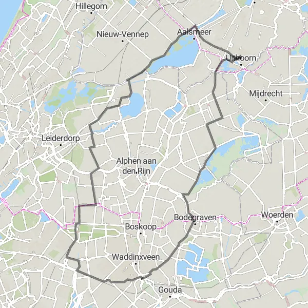 Map miniature of "Uithoorn to Zuidhoek via Bodegraven" cycling inspiration in Noord-Holland, Netherlands. Generated by Tarmacs.app cycling route planner