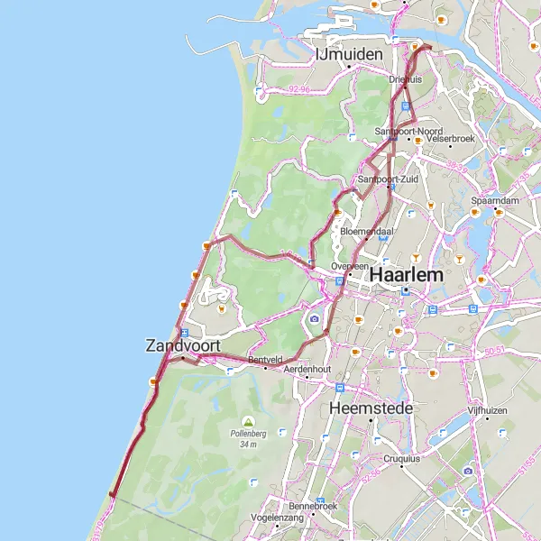 Miniatuurkaart van de fietsinspiratie "Rondrit van Bloemendaal aan Zee naar Driehuis" in Noord-Holland, Netherlands. Gemaakt door de Tarmacs.app fietsrouteplanner