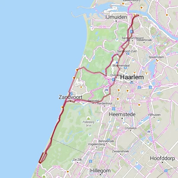 Map miniature of "The Bloemendaal Gravel Adventure" cycling inspiration in Noord-Holland, Netherlands. Generated by Tarmacs.app cycling route planner