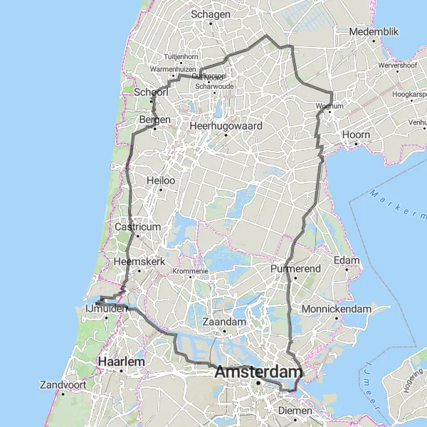 Map miniature of "Scenic Road Adventure - Velsen-Zuid to Amsterdam Lookout" cycling inspiration in Noord-Holland, Netherlands. Generated by Tarmacs.app cycling route planner