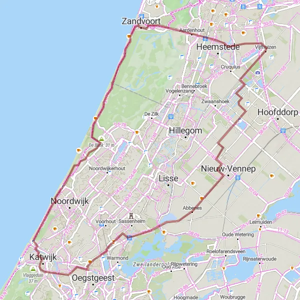 Miniatuurkaart van de fietsinspiratie "Duinlandschappen en Kustdorpen" in Noord-Holland, Netherlands. Gemaakt door de Tarmacs.app fietsrouteplanner