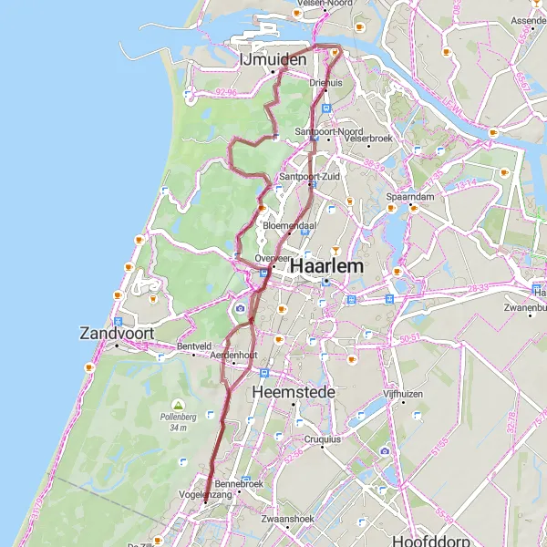 Map miniature of "Gravel Adventure: Vogelenzang to Aerdenhout" cycling inspiration in Noord-Holland, Netherlands. Generated by Tarmacs.app cycling route planner