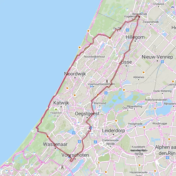 Map miniature of "Vogelenzang to Torenberg Gravel Loop" cycling inspiration in Noord-Holland, Netherlands. Generated by Tarmacs.app cycling route planner