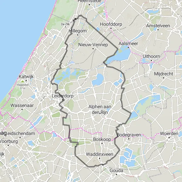 Miniatuurkaart van de fietsinspiratie "Wegroute naar Warmond en Keukenhofmolen" in Noord-Holland, Netherlands. Gemaakt door de Tarmacs.app fietsrouteplanner