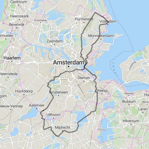 Miniatuurkaart van de fietsinspiratie "Langs Rivieren en Polders" in Noord-Holland, Netherlands. Gemaakt door de Tarmacs.app fietsrouteplanner