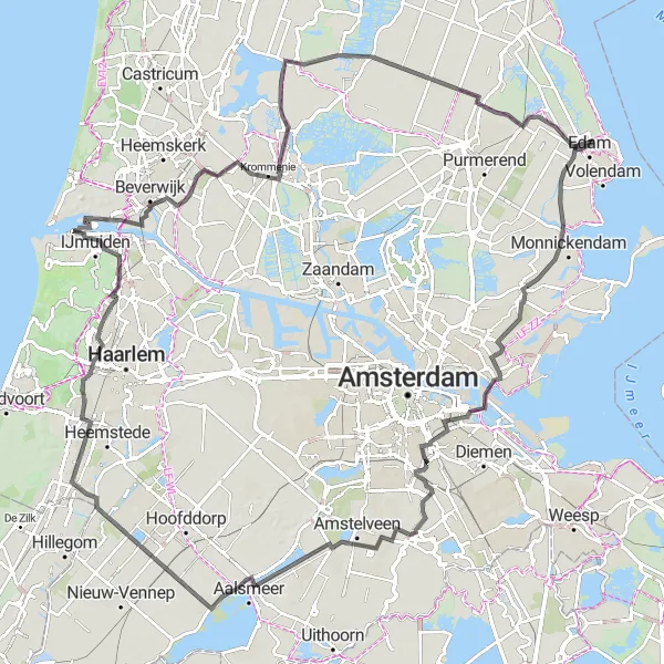 Map miniature of "The Flower Tour" cycling inspiration in Noord-Holland, Netherlands. Generated by Tarmacs.app cycling route planner