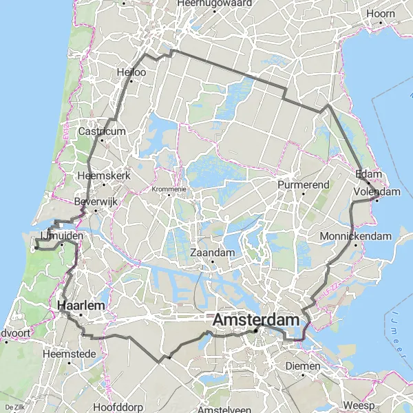 Map miniature of "Waterland City and Windmills Route" cycling inspiration in Noord-Holland, Netherlands. Generated by Tarmacs.app cycling route planner