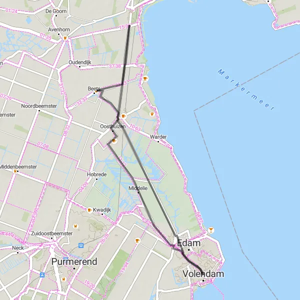 Map miniature of "Middelie and Edam Loop" cycling inspiration in Noord-Holland, Netherlands. Generated by Tarmacs.app cycling route planner