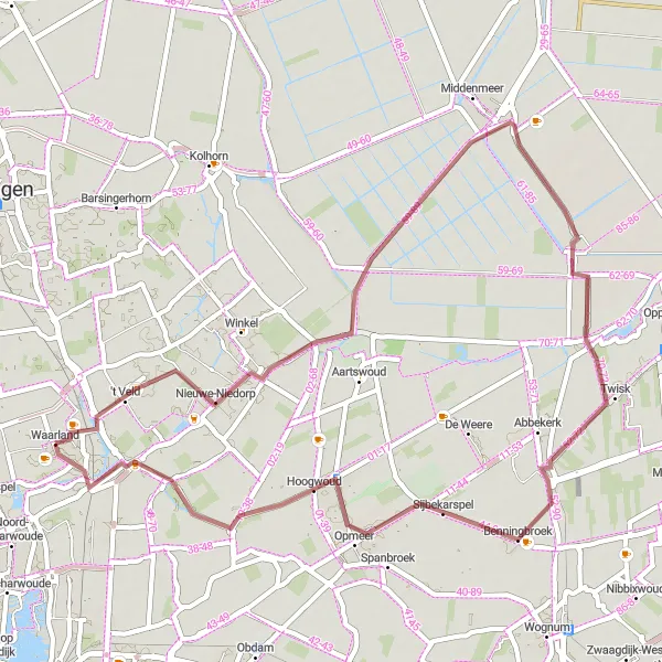 Map miniature of "Waarland - Oude-Niedorp Gravel Ride" cycling inspiration in Noord-Holland, Netherlands. Generated by Tarmacs.app cycling route planner