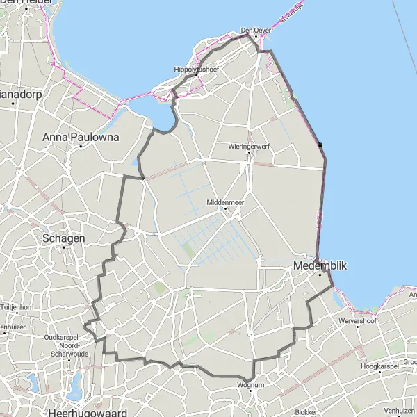 Map miniature of "Waarland and Beyond" cycling inspiration in Noord-Holland, Netherlands. Generated by Tarmacs.app cycling route planner