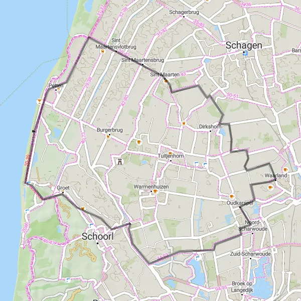 Map miniature of "Waarland - Sint Maartensbrug Scenic Road Ride" cycling inspiration in Noord-Holland, Netherlands. Generated by Tarmacs.app cycling route planner