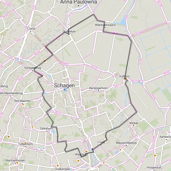 Map miniature of "Waarland - De Weel Road Ride" cycling inspiration in Noord-Holland, Netherlands. Generated by Tarmacs.app cycling route planner