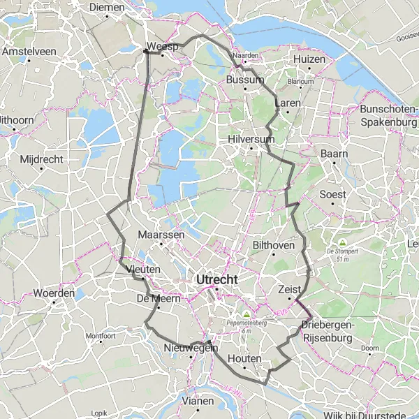 Map miniature of "Weesp and Surroundings" cycling inspiration in Noord-Holland, Netherlands. Generated by Tarmacs.app cycling route planner