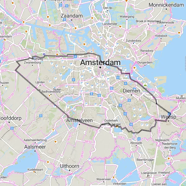 Map miniature of "From Weesp to Ouderkerkerplas - Vogelkijkhut and back" cycling inspiration in Noord-Holland, Netherlands. Generated by Tarmacs.app cycling route planner