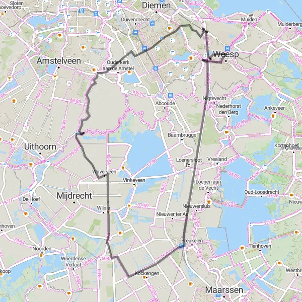 Map miniature of "Weesp and Zuidoost Exploration" cycling inspiration in Noord-Holland, Netherlands. Generated by Tarmacs.app cycling route planner