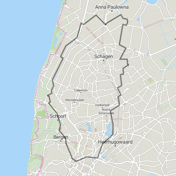 Miniatuurkaart van de fietsinspiratie "Kust en duinen van Noord-Holland" in Noord-Holland, Netherlands. Gemaakt door de Tarmacs.app fietsrouteplanner